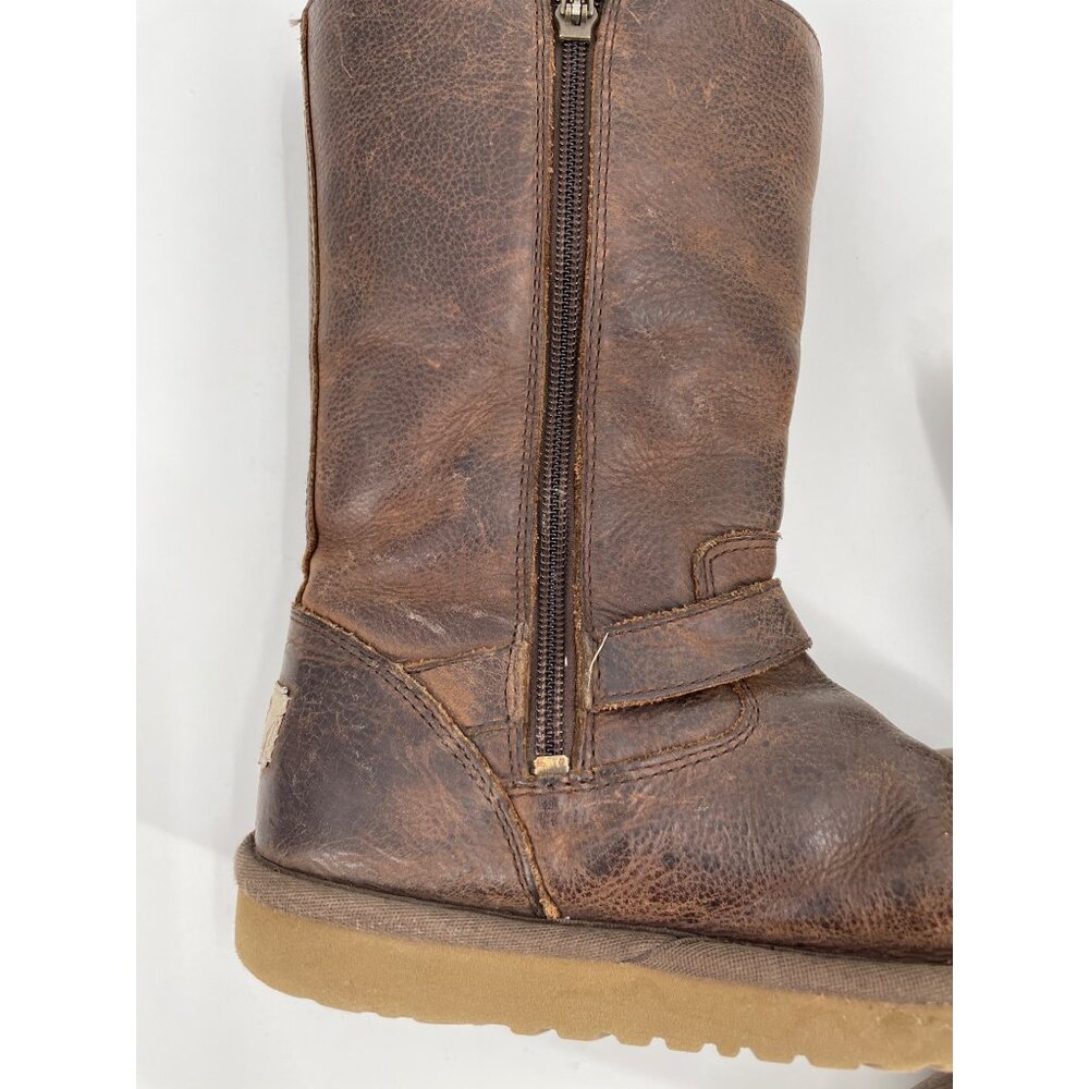 UGG Australia Kids 2 Kensington Brown Leather Mid-Calf Boots Shearling Lined - Picture 6 of 10